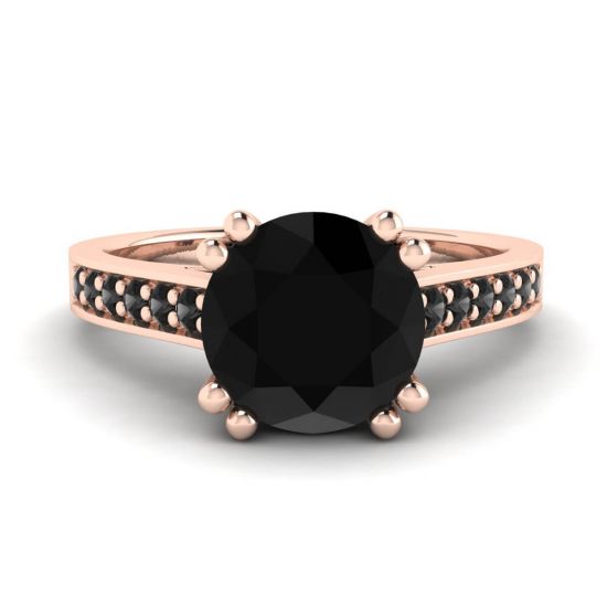 Diamante nero rotondo con anello in oro rosa 18 carati con pavé nero, Immagine 1