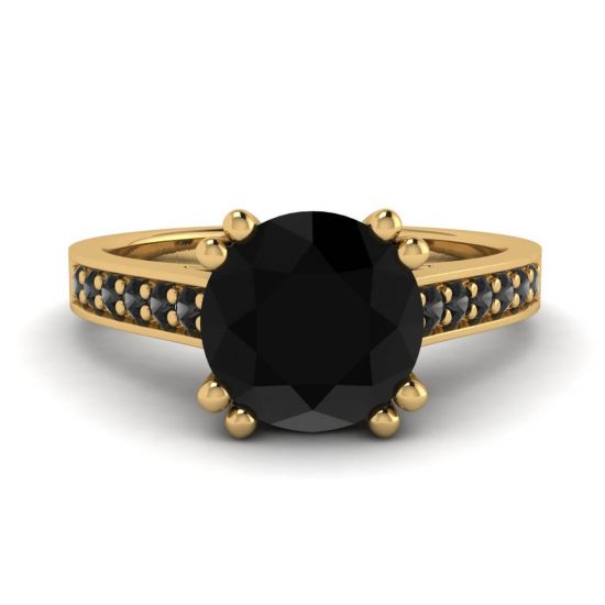 Diamante nero rotondo con anello in oro giallo 18 carati con pavé nero, Ingrandisci immagine 1