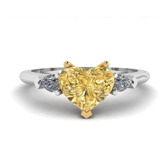Diamante giallo cuore con anello di diamanti pere bianche, Ingrandisci immagine 1