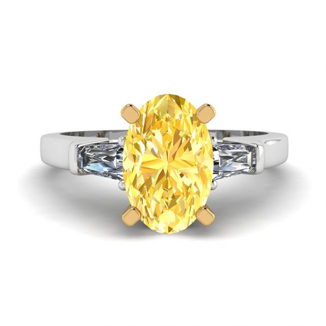 Anello con diamante giallo ovale con baguette laterali bianche