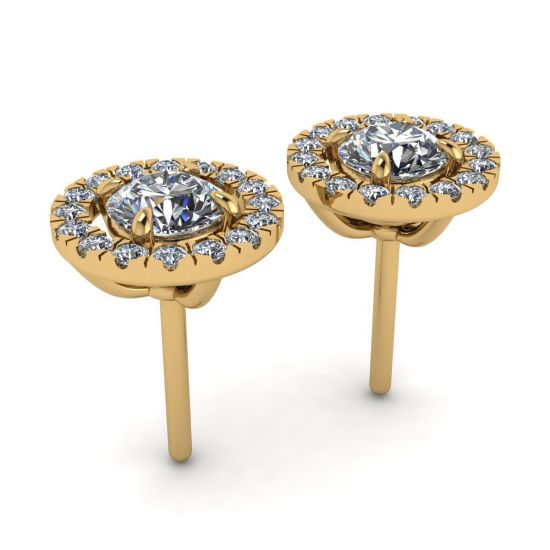 Orecchini a bottone Halo con diamanti rotondi in oro giallo 18 carati,  Ingrandisci immagine 3