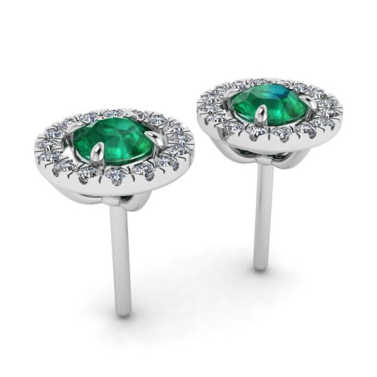 Orecchini a bottone color smeraldo con giacca Halo di diamanti staccabile, More Image 1