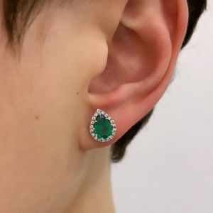 Smeraldo a forma di pera con orecchini Halo di diamanti in oro rosa - Foto 3