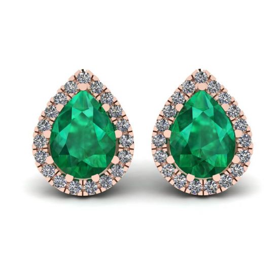 Smeraldo a forma di pera con orecchini Halo di diamanti in oro rosa, Ingrandisci immagine 1