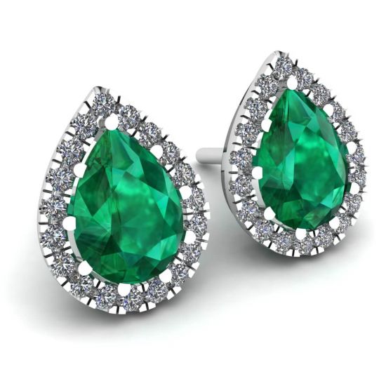 Smeraldo a forma di pera con orecchini Halo di diamanti, More Image 0