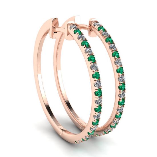 Orecchini a cerchio con diamanti e smeraldi in oro rosa, Immagine 1