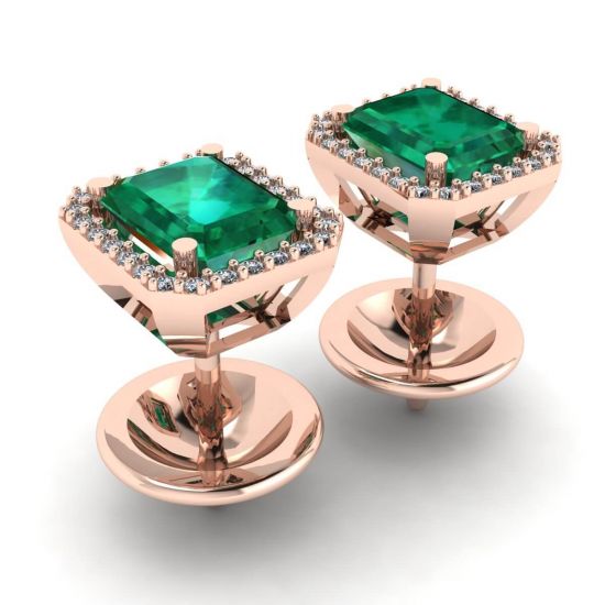Orecchini a bottone con smeraldo da 2 carati e diamanti in oro rosa, More Image 1