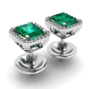 Orecchini a bottone con smeraldo da 2 carati e diamanti in oro bianco - Foto 2