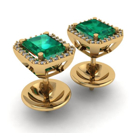 Orecchini a bottone con smeraldo da 2 carati e diamante in oro giallo, More Image 1