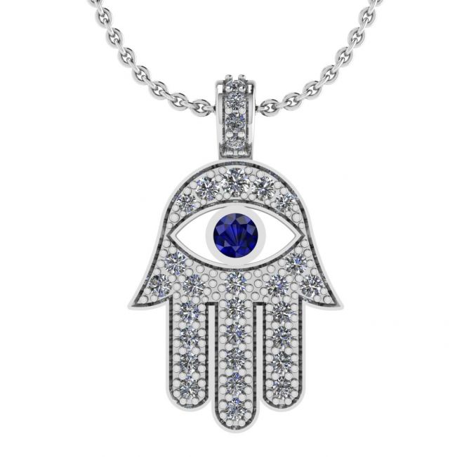 Pendente Hamsa con Diamanti e Zaffiri Oro Bianco